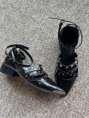Black Studded Ankle-Strap Pointed Toe Flats